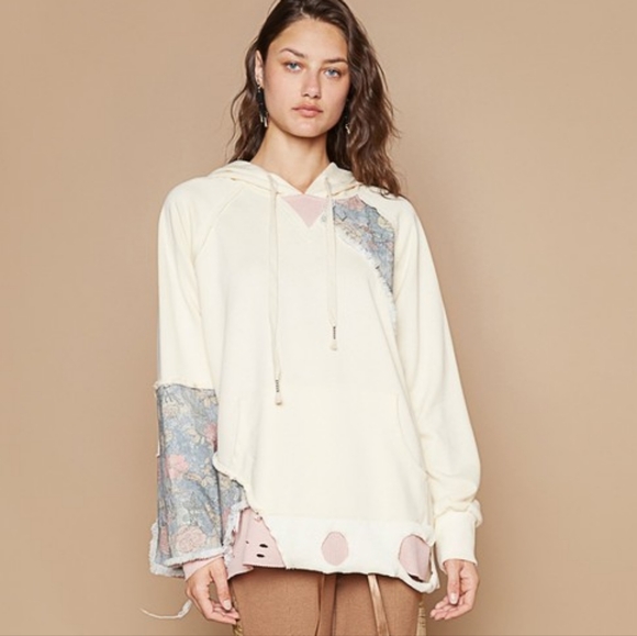 POL Hoodie Floral Contrast Patchwork Top Distressed Raw Exposed Seam Sweatshirt - Picture 10 of 15